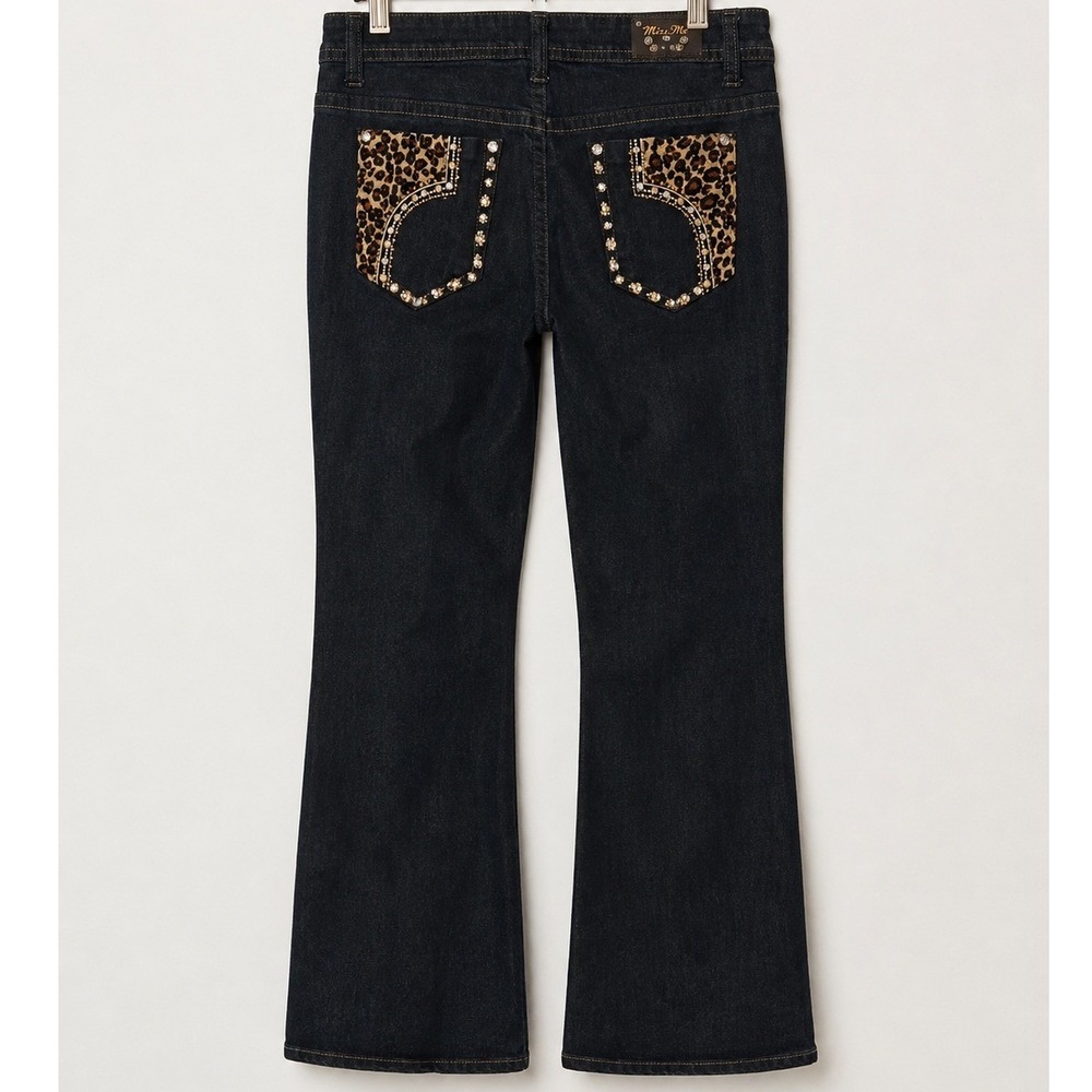 Y2K Leopard Print Rhinestone Bling Bootcut Black Jeans Womens 13 Glam Mcbling